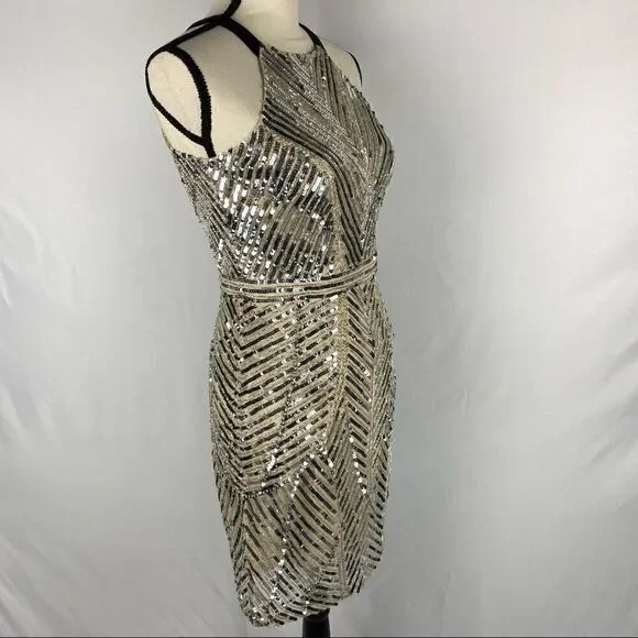NWT Aidan Mattox Champagne Beaded Cocktail Dress Size Small